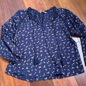 Lucky Brand Women’s Long Sleeve Floral and Lace Peasant Style Blouse Small